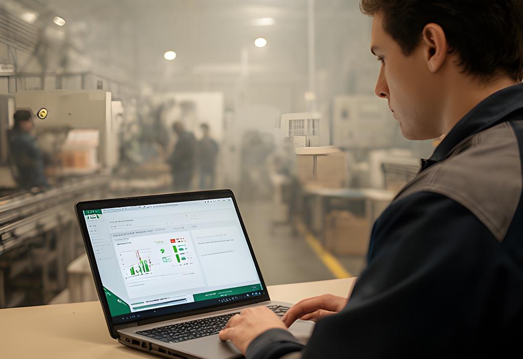 Operations analyst reviewing resource data on a laptop beside a production floor in London