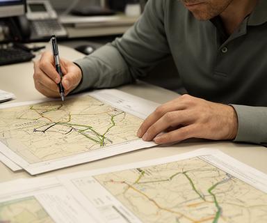 Lead analyst marking route changes on printed plans at a desk with maps and notes