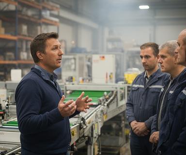 Head of consulting speaking with plant supervisors beside a production line in a warehouse