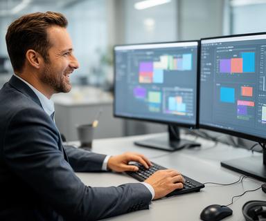 Technology director at a workstation studying live efficiency charts on dual monitors