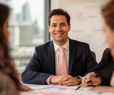 Chief executive in a London office reviewing a resource plan beside a whiteboard