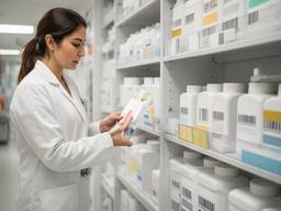 Hospital supply room with labelled shelves and a staff member checking inventory