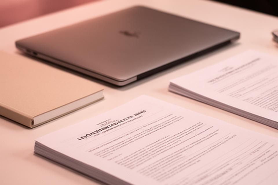 A legal document and notebook on a tidy desk with a laptop and warm office light