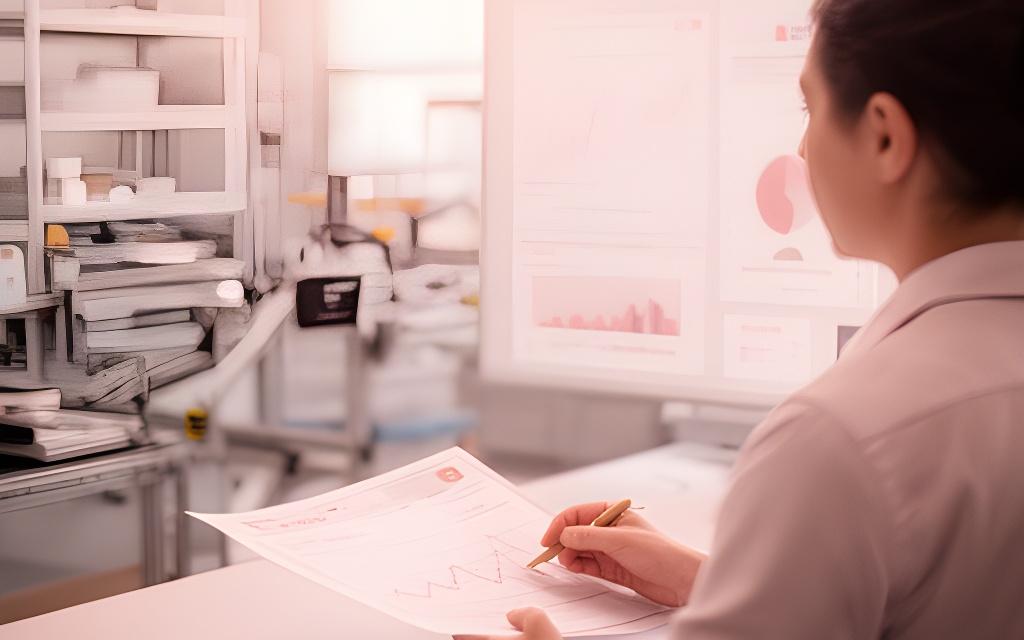 Operations manager reviewing stock and throughput charts in a bright planning room